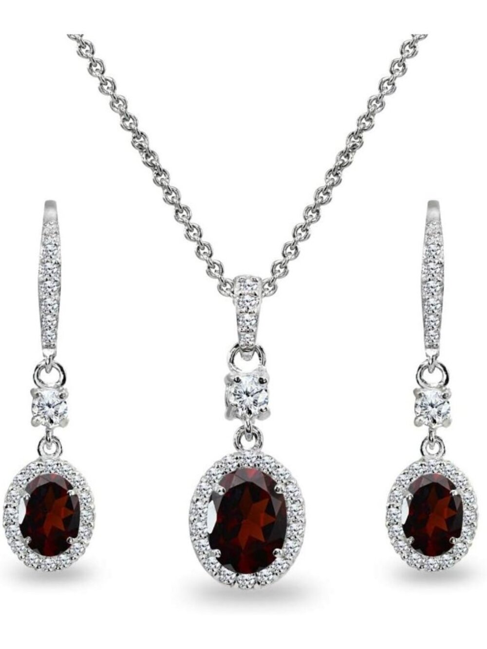 Sterling Silver Gemstone Oval Halo Pendant Necklace & Dangle Earrings Set for